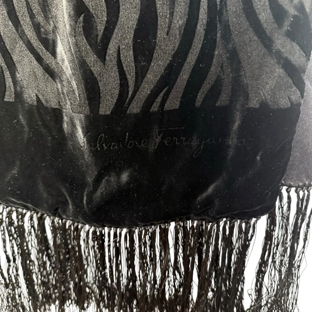 Salvatore Ferragamo Zebra Pattern Black Velvet Neck Scarf Fringe Ends Made Italy